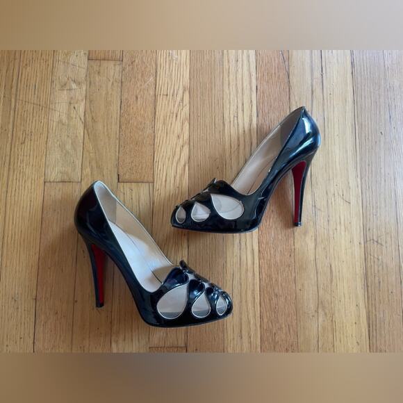 Christian Louboutin MOIRA 120 Black Patent Platform Pumps Cut Out Sz 38 - Picture 3 of 9